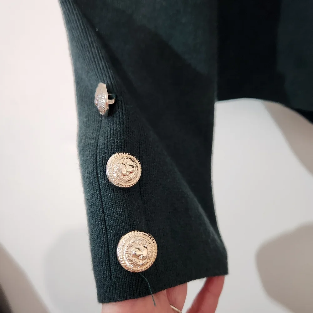 Eva & Paige Cardigan Top Small S Dark Green Gold Lion Plastic Buttons Knit Crop